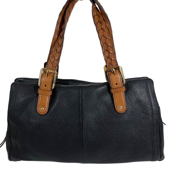 B Makowsky Leather Slouchy Hobo Shoulder Bag Braided Handles Black/Camel EUC - Picture 3 of 12